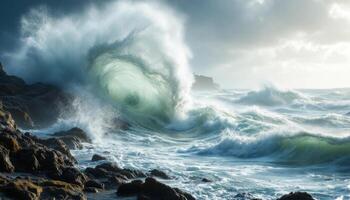 A large wave breaking on the rocks photo