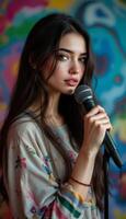 Beautiful young woman singing with microphone in front of colorful wall photo