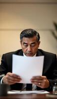 A man in a suit is reading a piece of paper photo