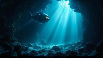 A fish swimming in the ocean with sunlight coming through the cave photo