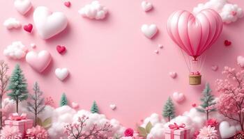 Valentine's day background with pink heart shaped balloons and trees photo