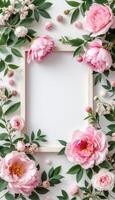 Flowers and peonies frame on white background photo