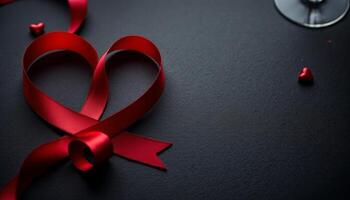 Red heart shaped ribbon on black background photo