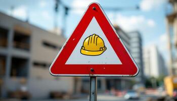 A red and white construction sign with a yellow construction helmet on it photo