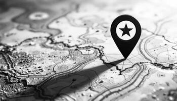 A map pin is pointing to a star on a map photo