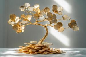 Glowing money tree with stacked coins photo