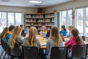 Students sitting around table in a library, using laptops and books photo