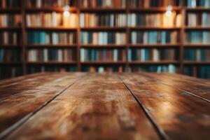 Wooden table with library in the background photo