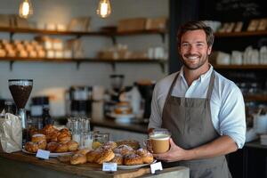 Man in an apron stands in bakery, surrounded by pastries and breads photo