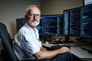 Man analyzing code on multiple monitors in a office setting photo