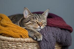 Cat napping in a basket lined with a soft knitted blanket photo
