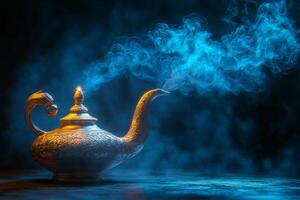 Golden genie lamp with smoke on dark background photo