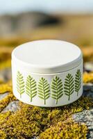A stylish container decorated with leaf patterns resting on a mossy rock surface. photo