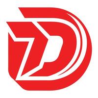 Red and white logo, bold graphic design, minimalist D shape, dynamic curved lines, abstract letterform, vector