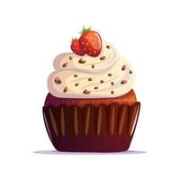 A delightful vanilla cupcake topped with fluffy white whipped cream, rich chocolate sprinkles, and two juicy strawberries. vector