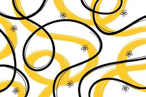 Playful Yellow and Black Bold and Grunge Doodle Wavy Noodle Lines with Flowers. Geometric abstract curvy swirls. Playful modern and simple wall art with trendy colors. Retro childish background vector