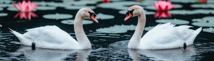 Two elegant swans gracefully glide across a serene water surface surrounded by lilies. photo