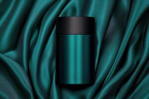 Elegant teal drink container on luxurious fabric, ideal for stylish beverage presentation. photo