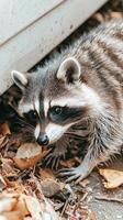 Close-up of a curious raccoon exploring fallen leaves in a natural environment. photo
