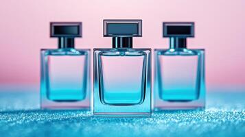 Elegant perfume bottles with a gradient of colors against a soft pastel background. photo