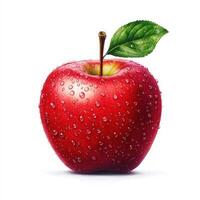 Fresh red apple with water droplets and a green leaf on a white background. photo