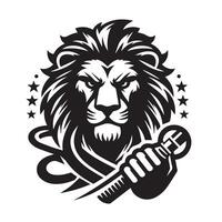 stylized black and white illustration of a lion's head, set against a circular backdrop. vector