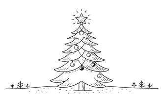 Hand drawn Christmas tree outline doodle. Continuous one black line drawing of Merry Christmas pine tree minimalistic design illustration on white background vector