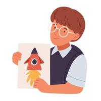 A child boy holds a drawing of a space rocket in his hands. vector