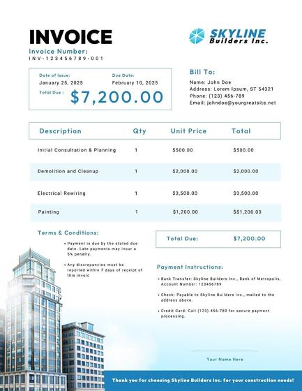 Construction Building MInimalistic Blue Design Invoice Template