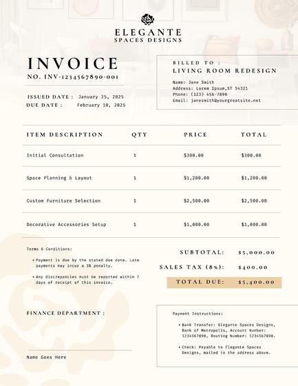 Elegant Cream Clean Minimalistic Invoice for Interior Design Template