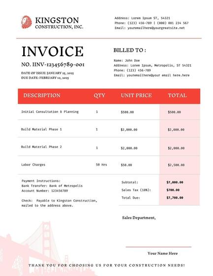 Red Clean Minimalistic Construction Company Invoice Template