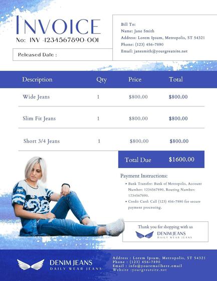Denim Clothing Brand Invoice Blue Washed Template