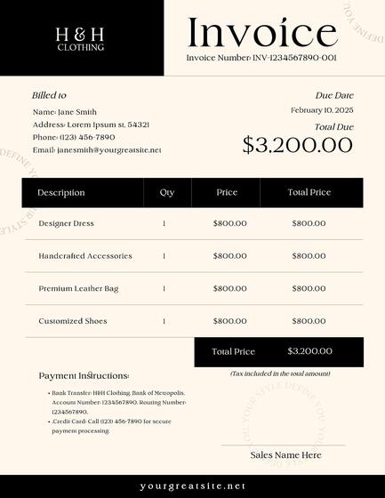 Minimalistic Cream Black Invoice for Modern Clothing Brand