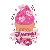 Valentine's day Greetings Card Sticker Lettering Typography Cute pink ice cream with flower and topping heart leaves vector