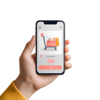 Shopping app interface displayed on a smartphone held by a hand while showcasing a vibrant cart design, file no background Online shopping app on smartphone png