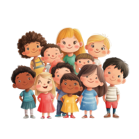 A joyful multiracial group of cheerful kids posing together in bright colors with smiles on a sunny day, diversity multiracial group of cheerful happy kidsfile of isolated object on transparent png