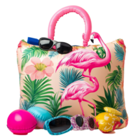 Bright beach bag with cute inflatable flamingo and colorful accessories for summer fun, Beach bag with accessories and cute inflatable flamingo png