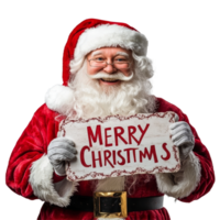 Jolly Santa Claus joyfully holding a Merry Christmas sign with a cheerful expression in a festive setting, Jolly Santa Claus Holding Merry Christmas Sign on transparent background png