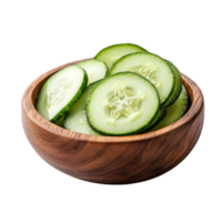 Freshly sliced cucumber pieces in a wooden bowl on a transparent background ready for a healthy snack or salad, Fresh cucumber slices in wood bowl isolated on transparent background png