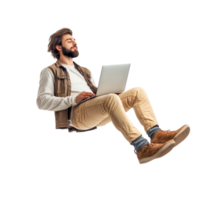 Young man floating in the air while working on a laptop against a bright transparent background, Young Man Floating in the Air Using Laptop, Full Body Isolated on transparent background png