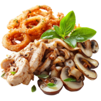 Delicious tuna, chicken, and squid dish with fried onions and mushrooms served with fresh basil, food Tuna, fried onions, mushrooms, squid and chicken isolated on transparent background png