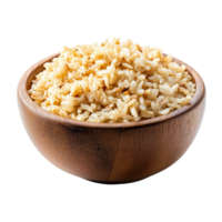 A rustic wood bowl filled with roasted rice grains on a clean transparent background, roasted rice in wood bowl isolated on transparent background png