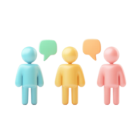 Minimalist icon figures with speech bubbles represent conversation among diverse characters, 3D Minimal Icon Figures with Speech Bubbles Isolated on transparent background png