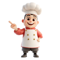 Cheerful cartoon chef character pointing against a transparent background while preparing food, 3D cartoon character chef on transparent background png