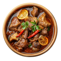 Traditional Semur Indonesian meat stew with spices and citrus served in a wooden bowl on a clean transparent background, Semur, Indonesian meat stew isolated on transparent background png