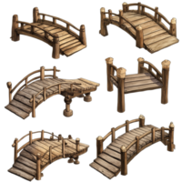 Explore various designs of old timber bridges on a plain transparent background showcasing unique structures and craftsmanship, Various types of old timber bridge transparent background png