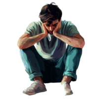 A man sits in a corner feeling uncomfortable and emotional, lost in thoughts during a quiet moment of reflection, file no background Uncomfortable emotional man sitting and sweating png