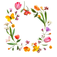 Spring flowers arranged in a circular layout showcasing vibrant colors and natures beauty on a transparent background, Hello Spring concept isolated on transparent background png