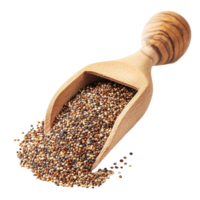 Quinoa seeds spilling from a wooden scoop on a clean transparent surface, Quinoa seeds in wood scoop on transparent background png