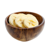 Banana slices neatly arranged in a wooden bowl against a transparent background, Banana slice in wood bowl isolated on transparent background png